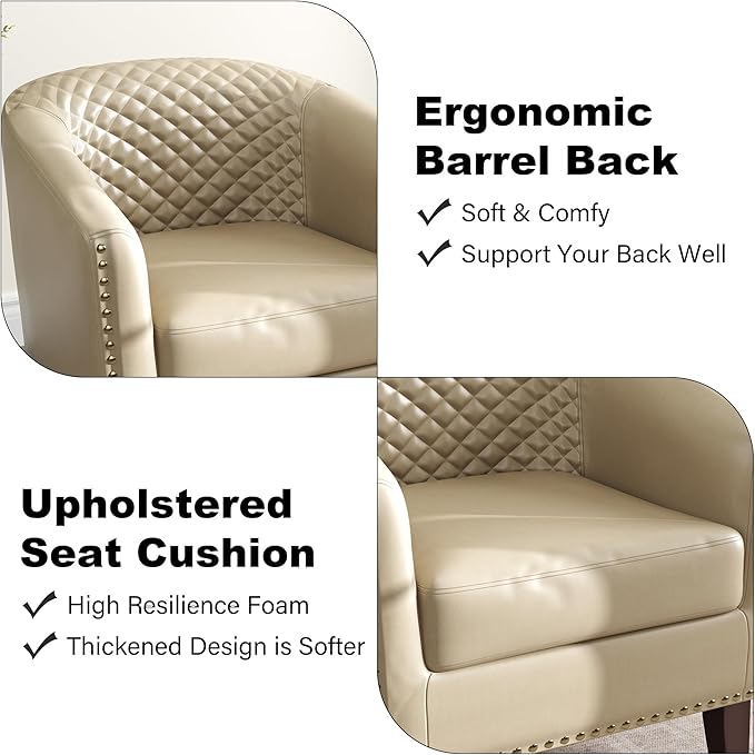 Accent Barrel Chair, Upholstered Faux Leather Club Chair with Nailed Trim, Comfy Reading Armchair for Living Room Bedroom Reception Room Office (Beige, Set of 2)