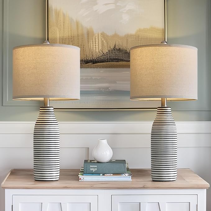 25" Ceramic Table Lamps Set of 2 Beside Lamps for Living Room Modern Bedroom Lamps for Night Stands with Rotary Switch Black and White Stripes