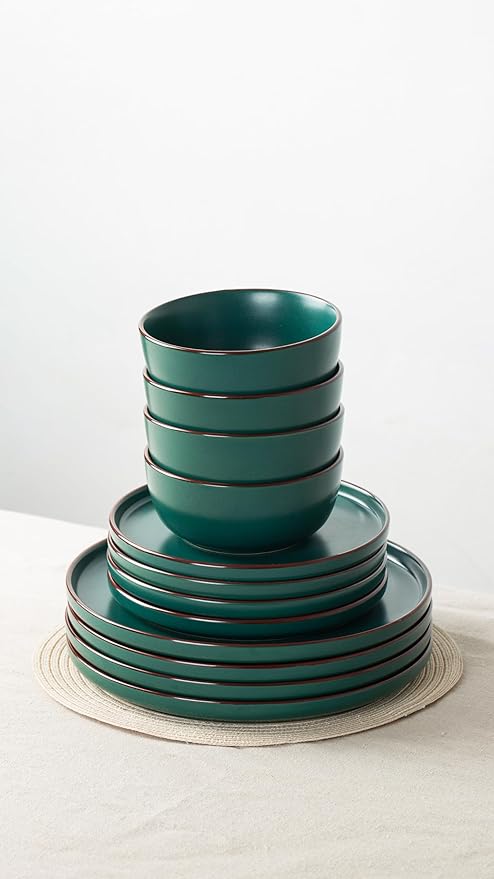 Famiware Mercury 24 Pieces Dinnerware Sets, Plates and Bowls Sets for 8, Microwave and Dishwasher Safe Dish Set, Dark Green