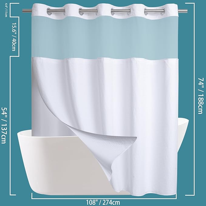 Extra Wide No Hook Waffle Weave Shower Curtain with Snap in Liner Set, 108" x 74" Hotel Luxury White Shower Curtains for Bathroom with See Through Top Window, Waterproof, Washable 108W x 74H