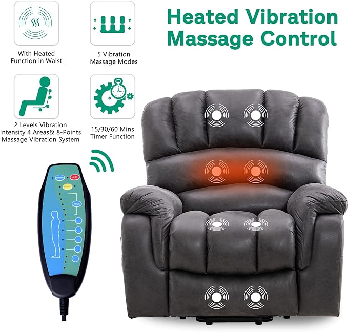 VIVIJASON Large Power Lift Chair Electric Recliner with Heat & Massage for Elderly Big People, Heavy Duty and Safety Motion Wide Recliners with 2 Remote Controls, Side Pockets & USB Ports, Gray
