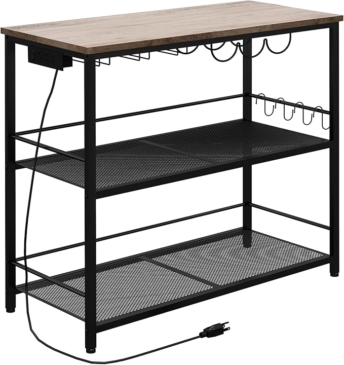 Kitchen Island with 3 Shelves, Kitchen Island with Power Outlet, Kitchens Storage Rack with 4 S Hooks, Microwave Stand and Coffee Bar Station for Dining Room, Greige and Black KIHG91E01