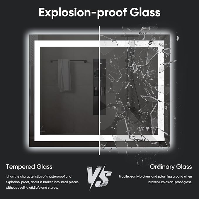 Antok 32"x 40" LED Bathroom Mirror with Lights, Anti-Fog, Dimmable, Lighted Vanity Mirror with Tempered Glass, Memory Function, 3 Light Modes, Safe Use, Horizontal, Vertical