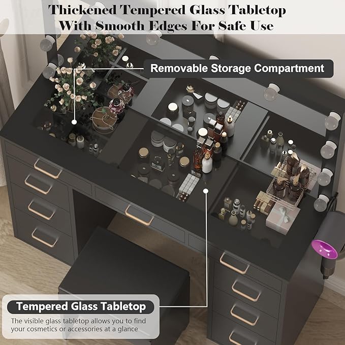 Likein Vanity Desk with Mirror and Lights & Power Strip, Glasstop Vanity Makeup Desk Set with 9 Drawers for Women Girls, Lights Adjustable Large Hollywood Mirror Dressing Table with Chair for Bedroom