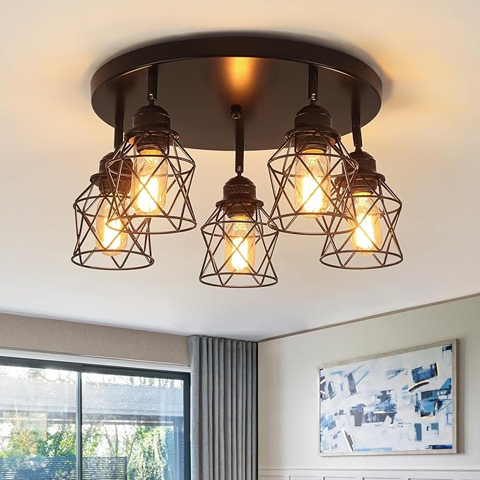 5-Lights Kitchen Light Fixtures Ceiling Mount, Adjustable Multi-Directional Black Flush Mount Ceiling Light, Retro Metal Cage Farmhouse Close to Ceiling Light Fixture for Hallway Dining Room Entryway
