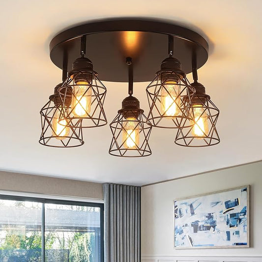 5-Lights Kitchen Light Fixtures Ceiling Mount, Adjustable Multi-Directional Black Flush Mount Ceiling Light, Retro Metal Cage Farmhouse Close to Ceiling Light Fixture for Hallway Dining Room Entryway