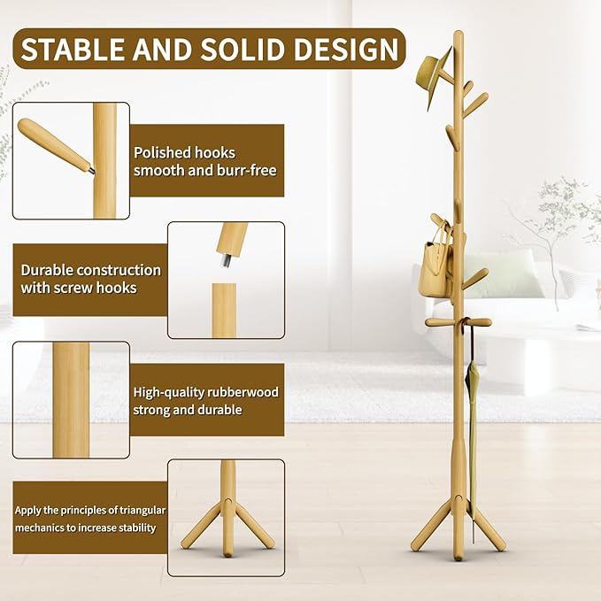 Solid Wood Coat Rack, Freestanding Tree-Shaped Coat Rack with 11 Hooks, Main Pole 1.6" dia for Clothes, Hat Stand Used in Bedroom/Office/Entryway (3-Leg Base, Natural Beige)