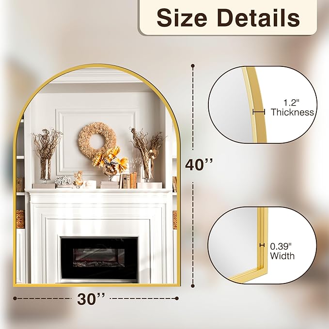 FICTOR Bathroom Vanity Mirror for Wall,40”x30” Large Arched Metal Framed Bathroom Mirror for Over Sink, Entryway, Living Room,Bedroom(Gold)