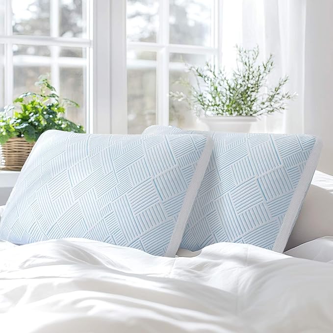 Shredded Memory Foam Cooling Soft Bamboo Viscose Pillows Queen Size Set of 2, Adjustable Hypoallergenic Hotel Quality Pillows for Stomach, Back and Side Sleeper, Oeko-TEX Certified