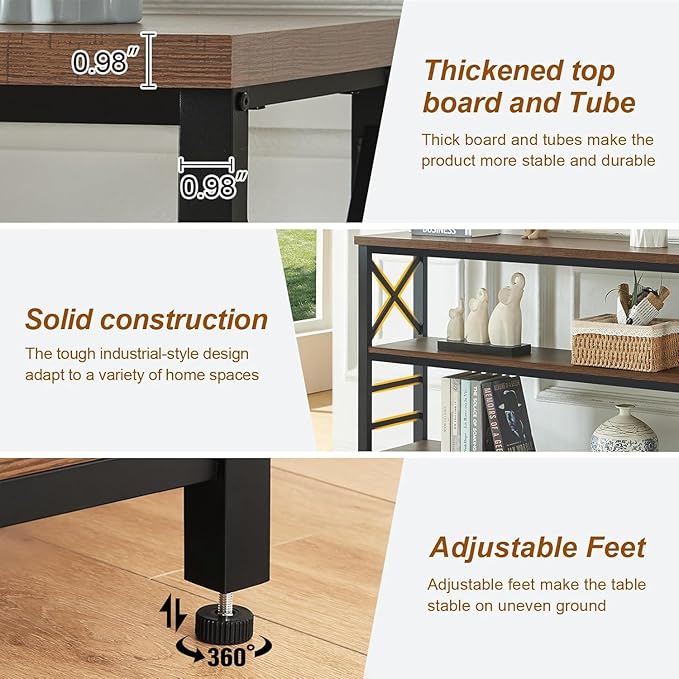 HOMBAZAAR Sofa Table,Industrial Console Table with Storage,Entryway Table with Engineered Wood and Metal,Rustic 3 Tier Shelf for Living Room,Hallway,Brown,55 Inch