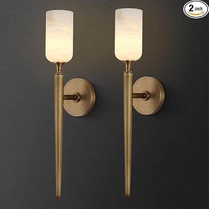 Alabaster Wall Sconces Set of Two, 22in Modern Spanish Natural Marble Bathroom Vanity Sconces, Brass Alabaster Sconce Wall Lighting, Gold Wall Light Fixtures Decor for Bedroom Living Room Staircases