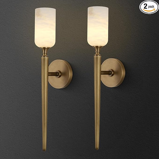 Alabaster Wall Sconces Set of Two, 22in Modern Spanish Natural Marble Bathroom Vanity Sconces, Brass Alabaster Sconce Wall Lighting, Gold Wall Light Fixtures Decor for Bedroom Living Room Staircases