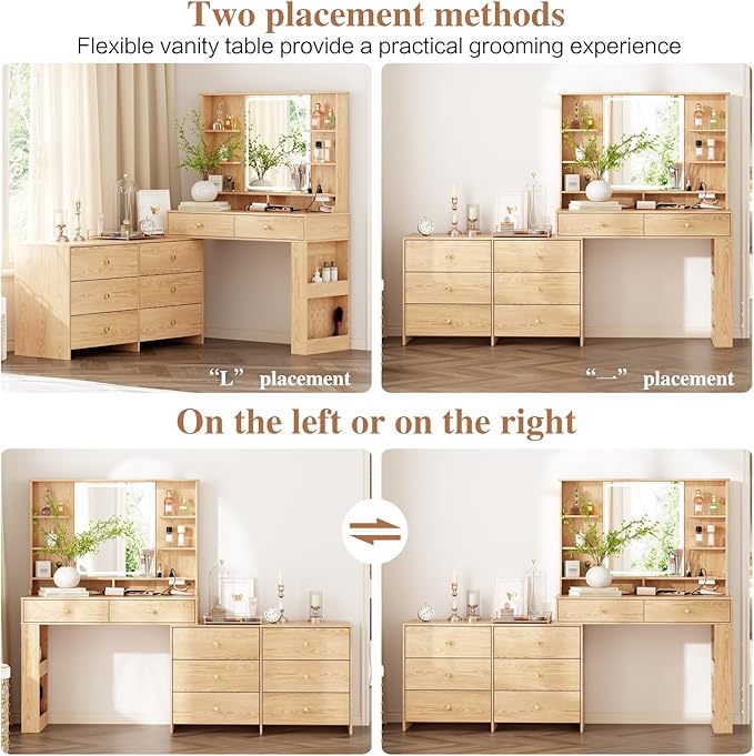 Large Makeup Vanity Desk with Mirror and Lights, Vanity Desk with 8 Drawers & Storage Shelves, Vanity Table with Power Outlet, 3 Color Modes & Adjustable Brightness Dressing Table, Bedroom,Oak
