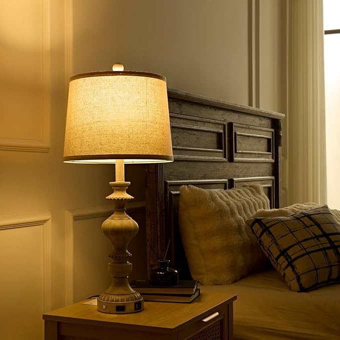 27.5" Farmhouse Table Lamps Set of 2 Bedside Nightstand Lamp with USB C+A Ports & AC Outlet, 3 Way Dimmable Touch Lamps for Bedroom Living Room Office Rustic Lamp (Gray)