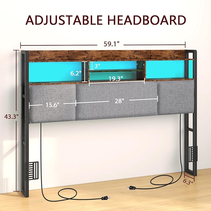 Upholstered Queen Size Headboard with 2 Power Outlets & LED Light, Head Board with Storage Shelves for Bed, Queen Headboard Only, Height Adjustable, Sturdy & Stable, Brown