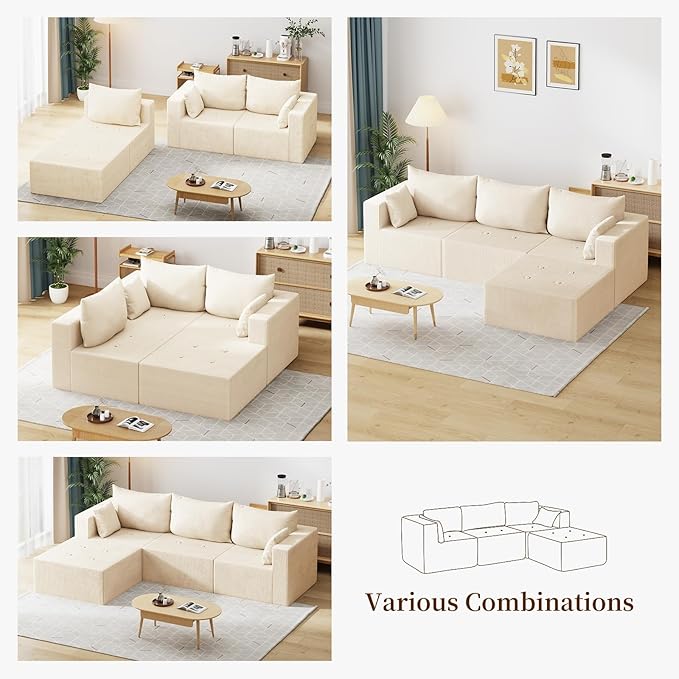105" Cloud Sectional Sofa, L-Shape Sectional Couch, Modern Corduroy Sofa with Chaise Lounge, No-Assembly Required, Deep Seat Modular Cloud Couch for Living Room, Apartment, Beige