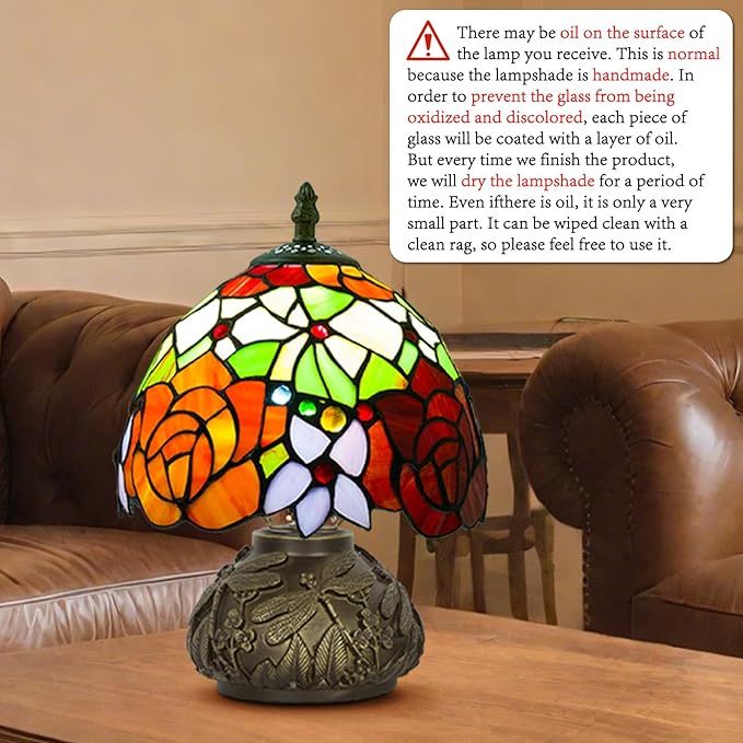 Small Tiffany Stained Glass Lamp, 3 Color Temperatures Bedside Lamp, 8 Inch Mushroom Desk Light for Bedroom Living Room Office Home Decor (Two-Color Rose)