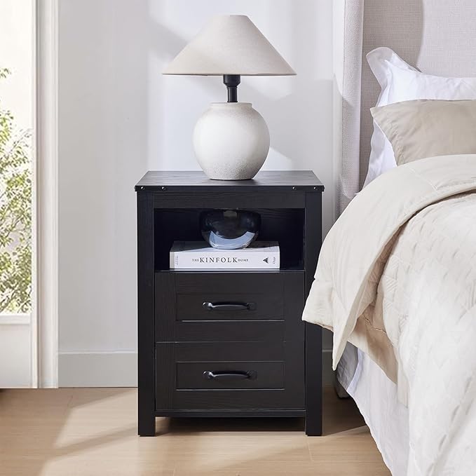 Farmhouse Night Stand, Rustic Black Nightstand for Bedroom, End Tables Without Charging Station, Bedside Table with Drawers, Wood Bedside Cabinet Dresser