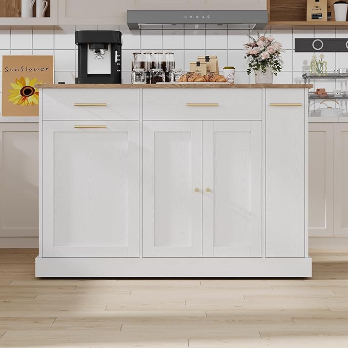 4 EVER WINNER Kitchen Island with Trash Can Storage, Rolling Kitchen Cart on Wheels with Spice Rack & Towel Rack, Movable Island for Kitchen, White