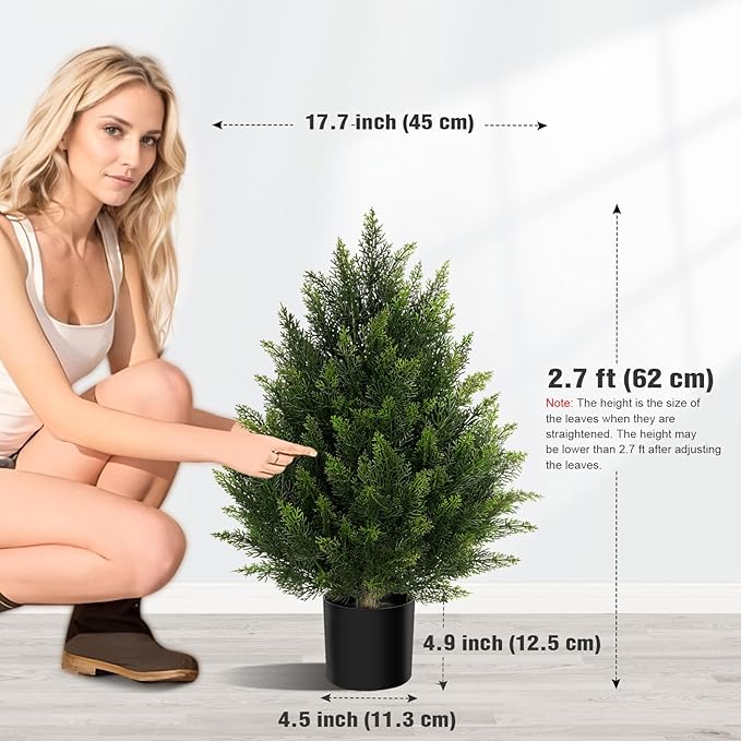 Outdoor Artificial Cedar Topiary Tree, Faux Evergreen Shrubs for Front Porch Decor, Lifelike Fake Bushes Plants for Home Living Room Front Door Decor (2, 2ft)