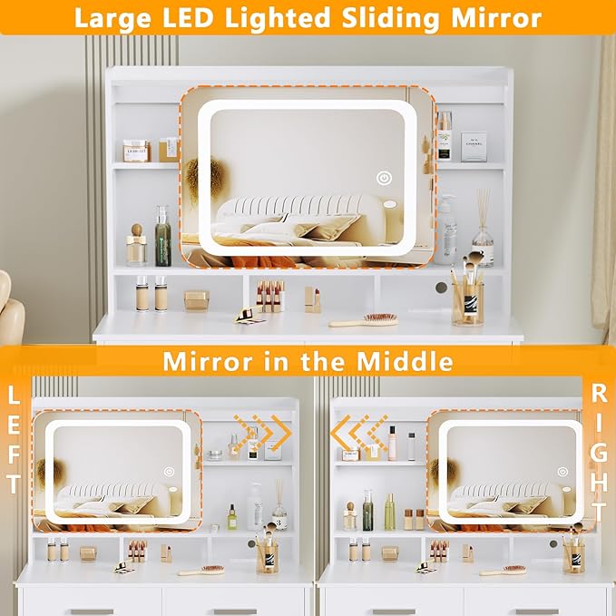 Vanity Desk with Sliding Mirror and Light,39 inch Makeup Vanity with Chair,2 Drawers,Power Outlet & Storage Shelves,3 Lighting Modes,Makeup Table Stool Set for Bedroom,White