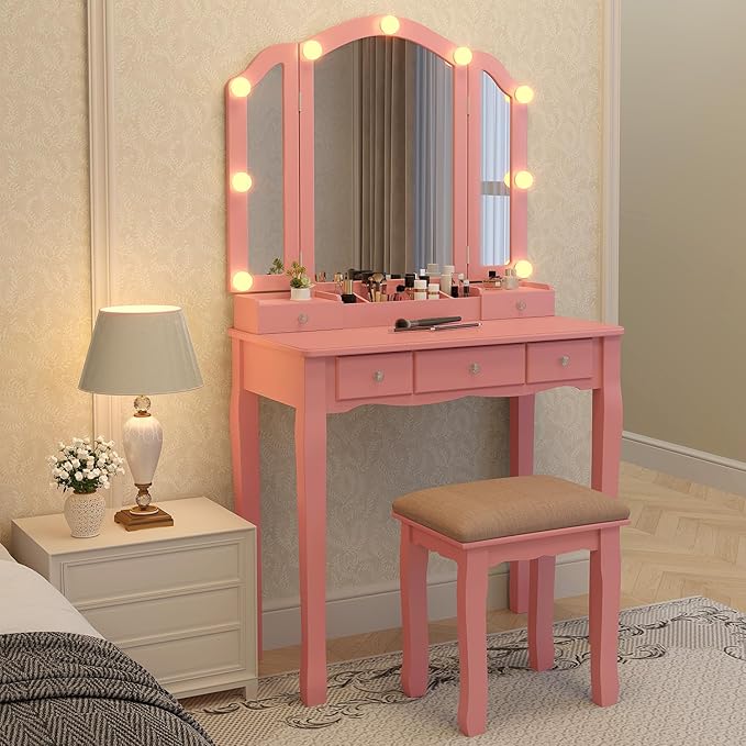 Pink Makeup Vanity Desk with Mirror Lights, Vanity Desk with Lights and Mirror, Makeup Vanity with Drawers and Kids Vanity