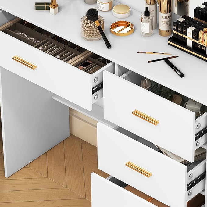 Vanity Desk with Mirror and Lights, Dressing Table with Drawers, 3 Colors Lighting Adjustable Brightness, Makeup Table with Large Mirror for Girls, Women