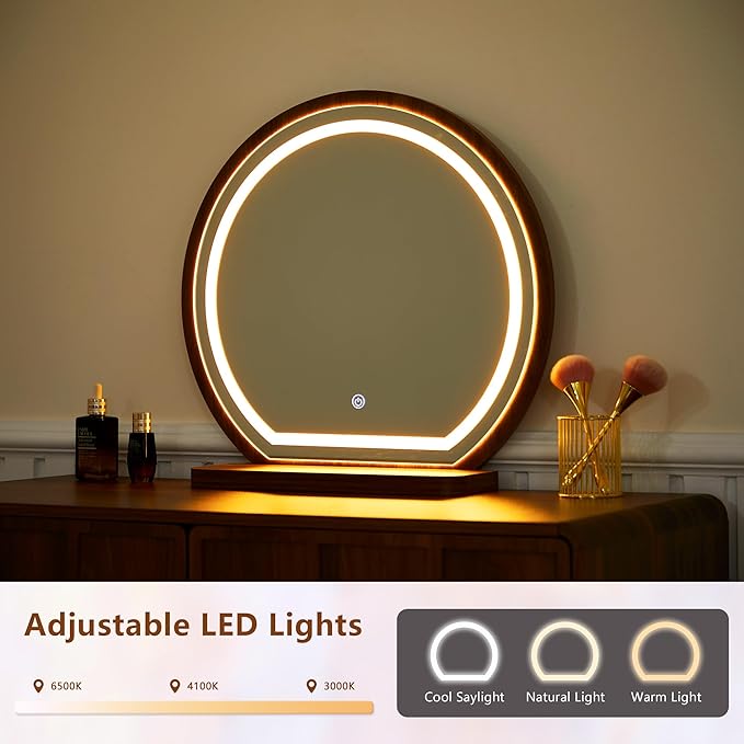 ORRD Vanity Desk with Mirror and Lights, Modern Wood Wave Panel Vanity Desk Set Makeup Table with Drawers and Cabinet, Dressing Table with Storage for Bedroom, Walnut