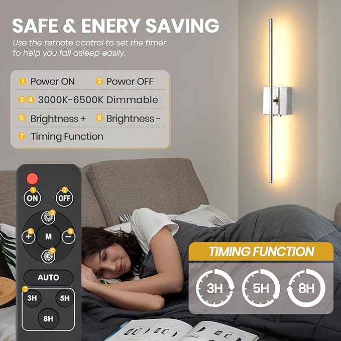 LED Wireless Battery Operated Wall Sconces, 11000mAh Rechargeable Chrome Wall Lights with Remote Control, 350°Rotate Dimmable Wall Lamp, 3 Color Temperatures, for Bedroom Living Room Hallway, 2 PCS