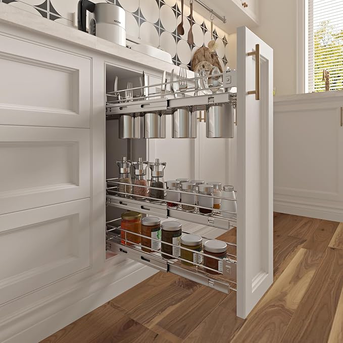 3-Tier 5" W x 21" D Narrow Pull Out Cabinet Organizer, Roll out Spice Rack Holder Shelve, Slide Out Slim Storage Wire Baskets for Storage Organization