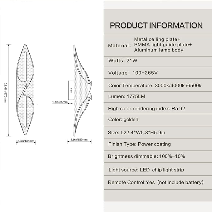 Modern Gold Wall Sconce 22.4Inch, LED Hardwired Wall Lamps with Remote Control Dimmable Acrylic Wall Lighting for Living Room Bedroom Hallway Stairs