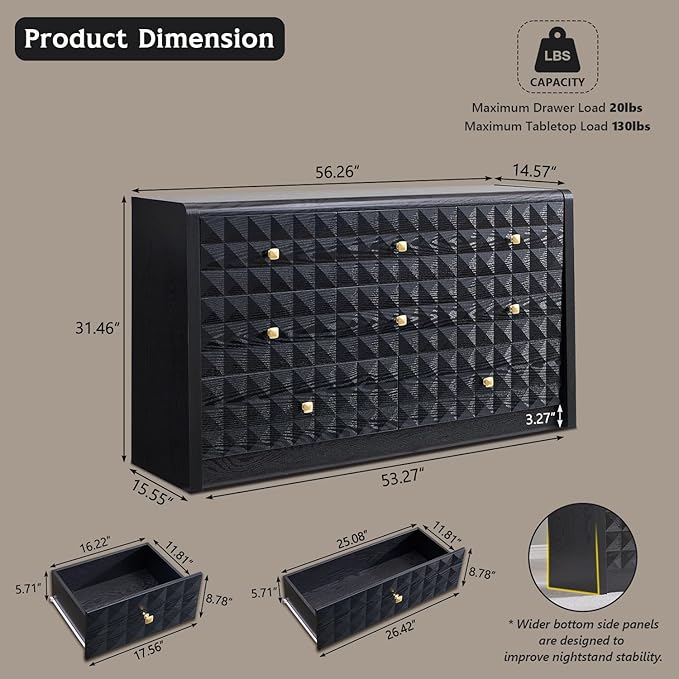 Modern 8 Drawer Dresser for Bedroom, Wooden Large Dressers &Chests of Drawers w/Two Different Drawer Sizes, Mid Century Modern Dresser w/Diamond Panel Decorate for Bedroom, Curved Profile Design,Black