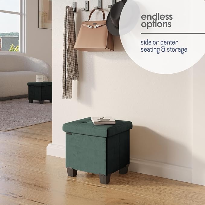STORAGEBUD Storage Ottoman Cube with Small Bin, 15-in Square Ottoman with Storage for Living Room and Bedroom, Small Ottomans Foot Rest, Velvet Foot Stools Ottomans Max 330lbs, Green