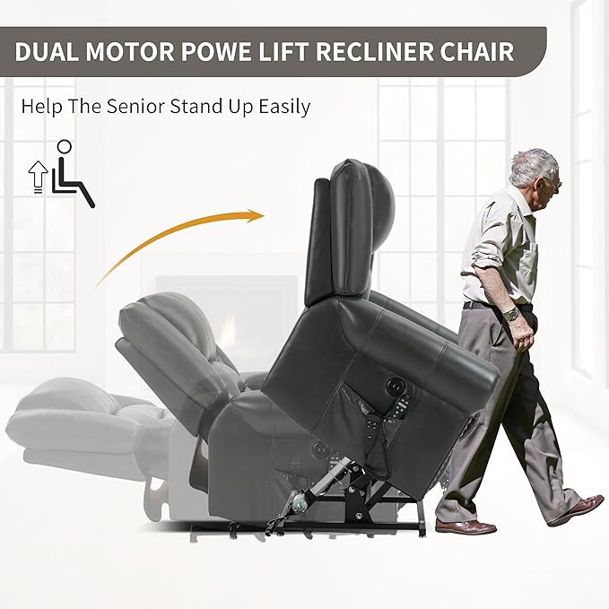 Dual Motor Power Lift Chair, Lay Flat Recliner Chair, Electric Recliner with Massage and Heat for Elderly, Remote Control, Infinite Position, Standing Assistance, USB Ports,Faux Leather, Grey