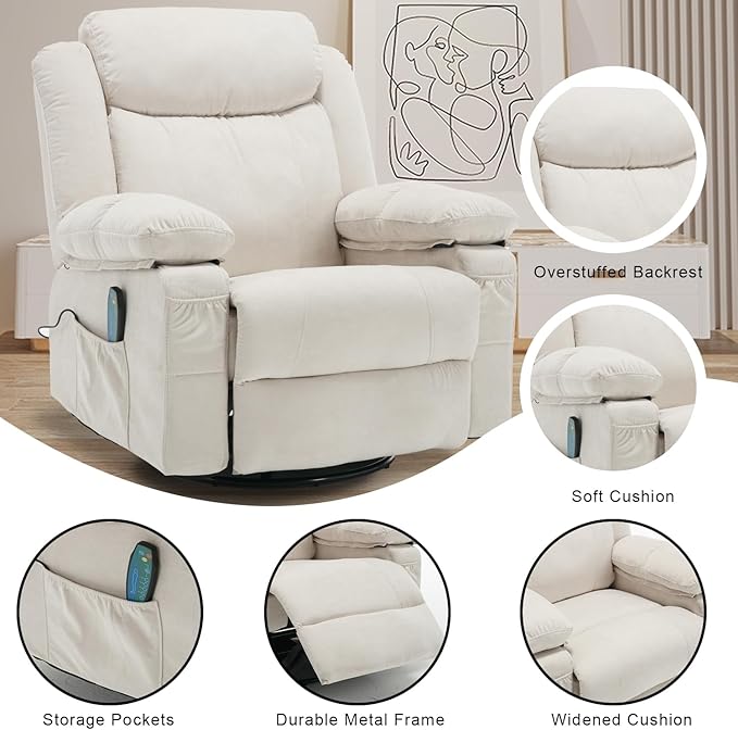 Massage Rocker Recliner Chair with Heat for Adult, Fabric Overstuffed Swivel Recliners Reclining Single Sofa Rocking Manual Home Theater Recliners Lounge Chairs for Living Room,Beige