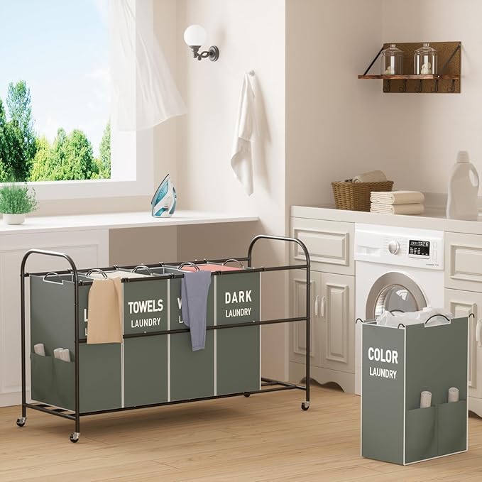 5-Section Laundry Sorter Cart, Large Laundry Hamper with Lockable Rolling Wheels, Versatile Storage Organizer with Removable Bags for Dirty Clothes, Gray