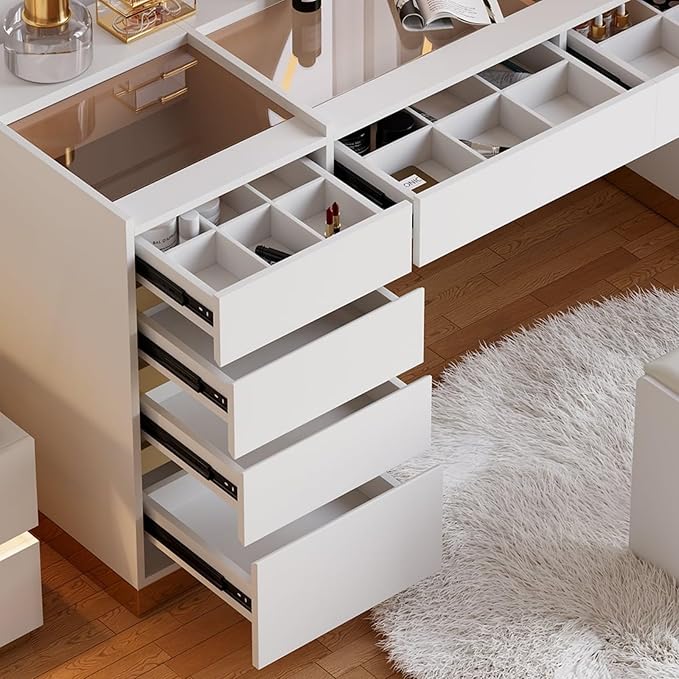homary Vanity Desk Set with LED Mirror, Makeup Vanity with Power Outlet and Tempered Glass Top, Makeup Table with 6 Drawers, 3 Lighting Modes Vanity Table with Chair for Bedroom (White)