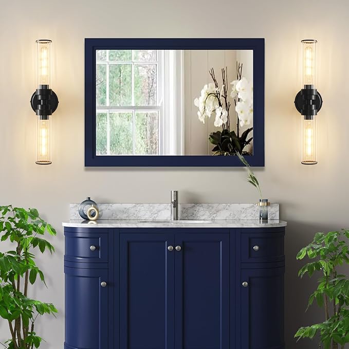 Bathroom Light Fixtures, Black Wall Sconce in Threaded Glass Indoor Vanity Lights, Modern Bathroom Vanity Light Up and Down Sconces Wall Lighting for Bathroom, Living Room - Bulb Not Included