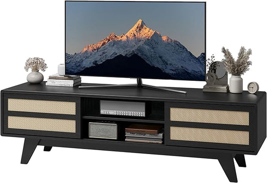 Claiks Boho TV Stand for 70 Inch TV, Modern TV Console with 2 Rattan Storage Cabinets & Adjustable Shelf, Woven TV Stand for Living Room, Black