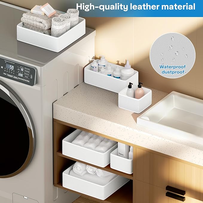 Vegan Leather Drawer Organizers,16 Pack Makeup Storage boxes,Vanity Drawer Luxury upgrade,Bedroom fabric Drawers replacement,bathroom organization and storage Optimal solution