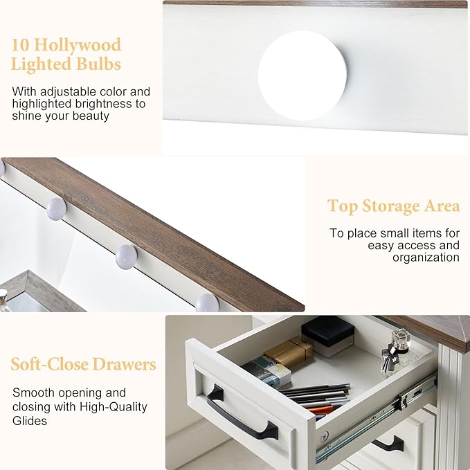 55" Farmhouse Vanity Desk with Large Mirror & Lights, Glass Top Large Makeup Vanity Table with 10 Hollywood Lights Bulbs, Charging Station, 5 Drawers, Dressing Table for Bedroom, Rustic White