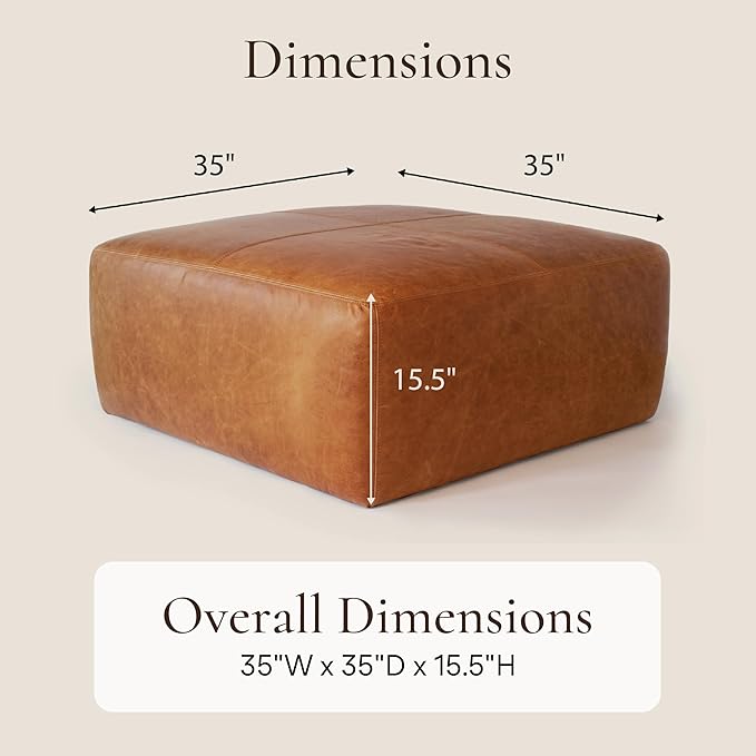 Poly & Bark Sequoia Ottoman – 35” Square Pouf with Feather-Down Topper – Full-Grain Leather Upholstered Pouf Ottoman for Living Room – Vintage Italian Leather in Cognac Tan