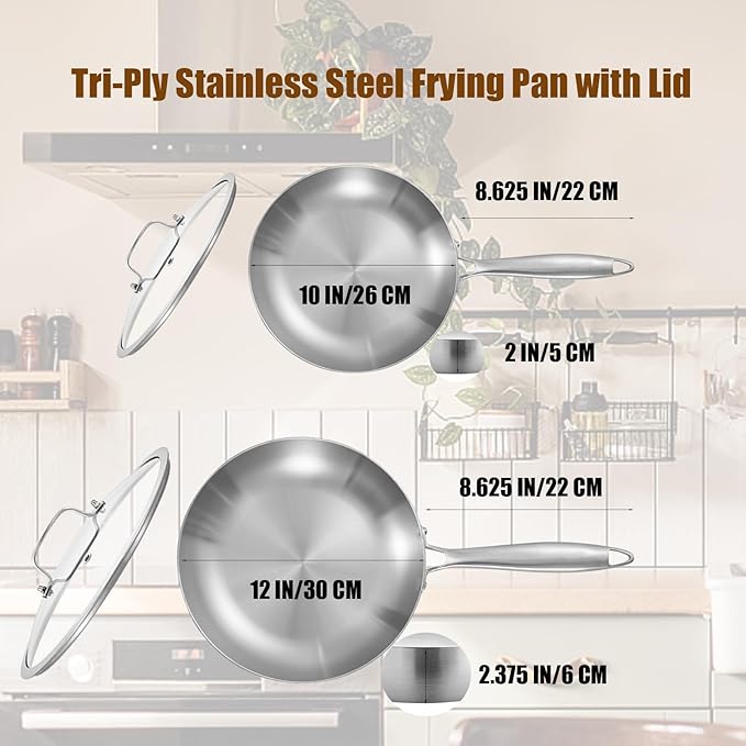 LOLYKITCH 10-12 Inch Tri-ply Stainless Steel Frying Pan Set with Lids,Skillets,Induction Cookware Set,Dishwasher and Oven Safe,Detachable Handle