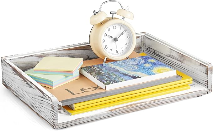 DRASTAR Paper Organizer for Desk, Wood Stackable Paper Tray, Office Desk Organizers & Accessories, Letter Tray Retro White