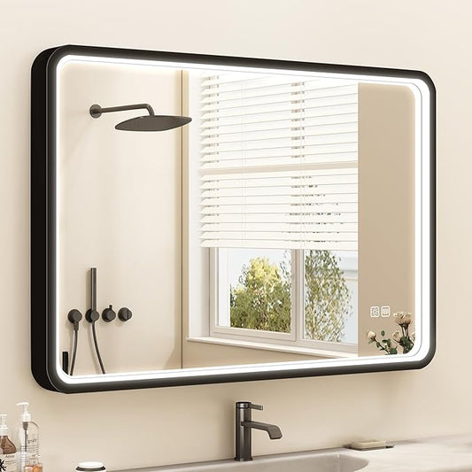 LED-Bathroom-Mirror-with-Lights, 24"x32" Wall-Mounted with Anti-Fog, 3 Colors Dimmable Light, Waterproof, Tempered Glass, Black Framed