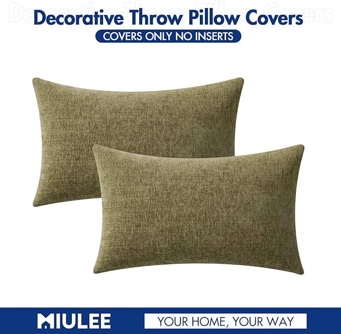 MIULEE Pack of 2 Couch Throw Pillow Covers 12x20 Inch Soft Olive Green Chenille Pillow Covers for Sofa Living Room Solid Dyed Pillow Cases