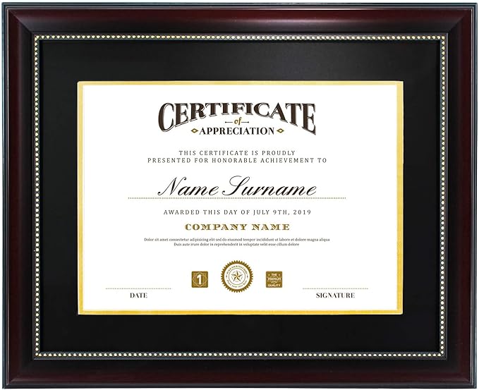 GraduatePro 8.5x11 Diploma Frame with Black Over Gold Mat or Display 11x14 Document Without Mat, CPA License Frame, UV Protection Acrylic, Mahogany with Gold Beads
