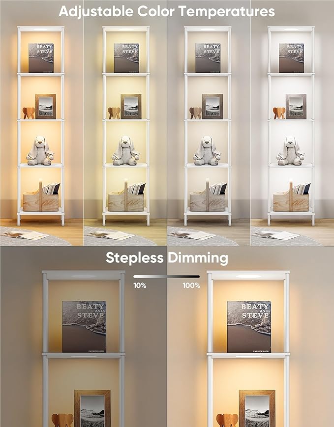 Display Shelf with RGBCW Light, Color Changing Curio Cabinet Floor Lamp with Shelves Corner Standing Column Lamp Etagere Organizer Tower Nightstand Bookcase for Living Room Bedroom Office Décor White
