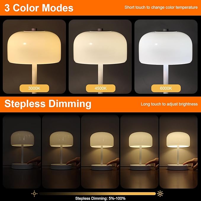 PORTRES Cordless Table Lamp Rechargeable Battery Operated Mushroom lamp Opal Glass Shade 3 Way Dimmable LED Touch Outdoor Lamp for Camping Bedroom Dining Living Room Beside Patio Restaurant,White