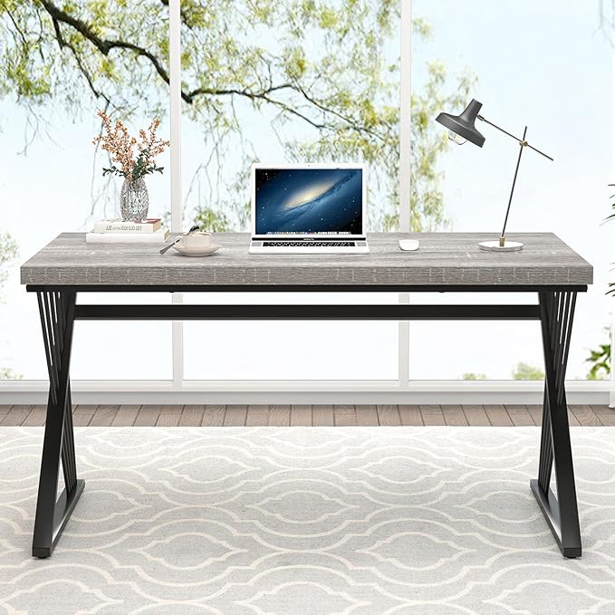 FOLUBAN Modern Desk, Rustic Wood and Metal Computer Desk for Home Office, Simple Study Writing Gaming Table for Bedroom Living Room, Light Grey, 53 Inch